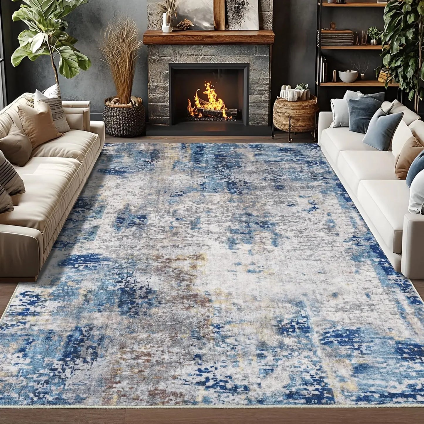 Living Room Area Rugs Modern Abstract Machine Washable Non Slip Carpet , Low Pile Rugs