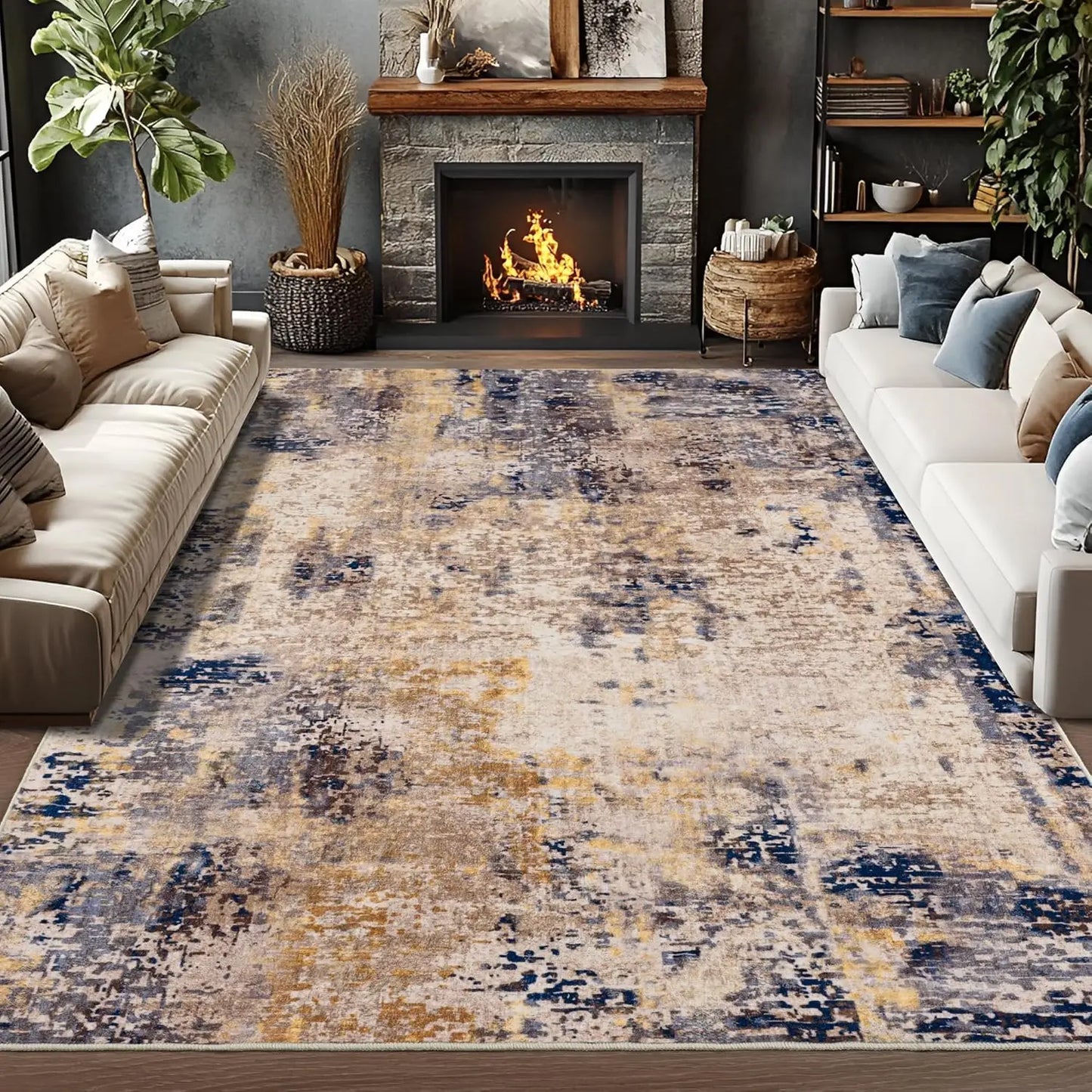 Living Room Area Rugs Modern Abstract Machine Washable Non Slip Carpet , Low Pile Rugs
