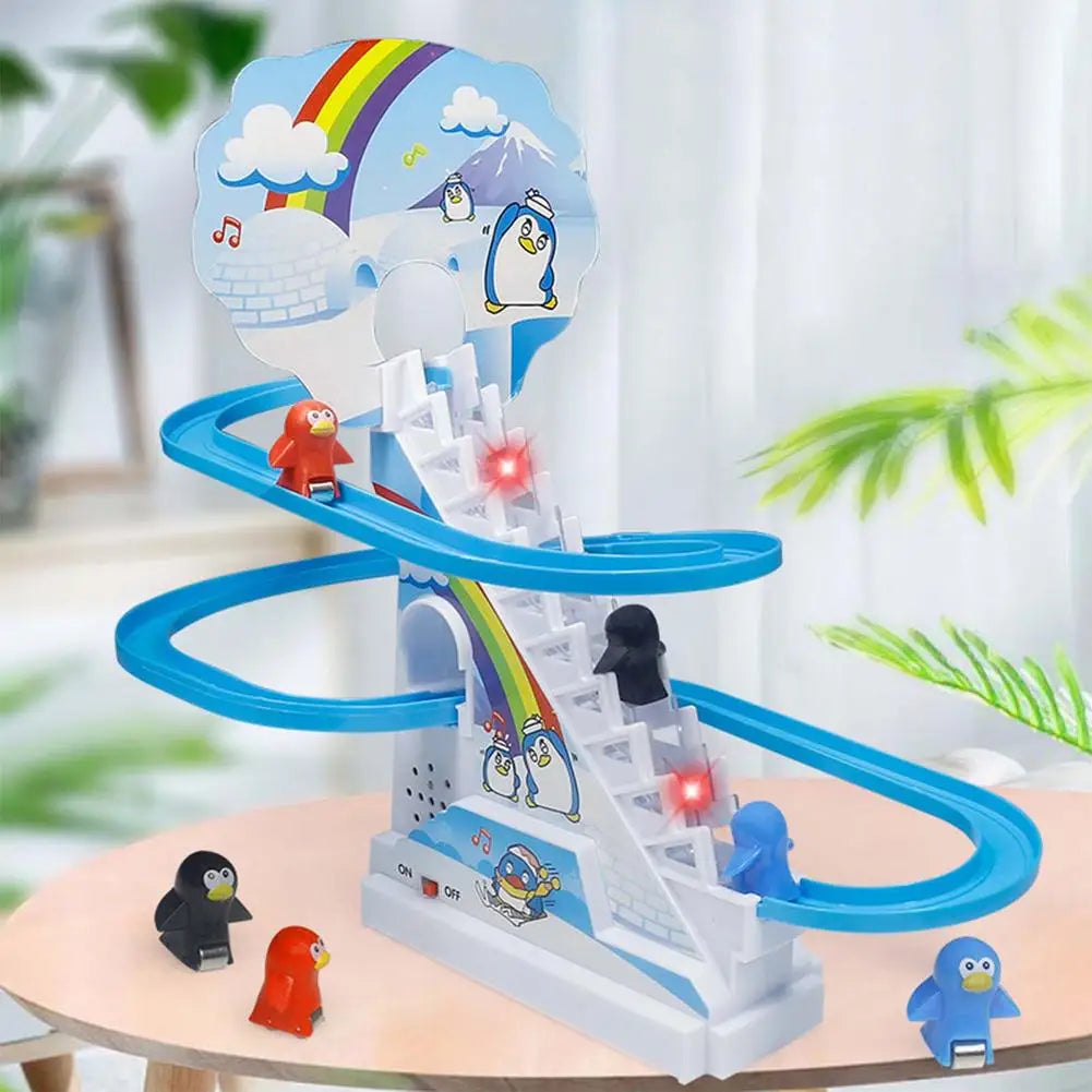 Kids Toy Penguin Slide Electric Railcar With Music Fun Penguin Climbing Stairs Toys For Children