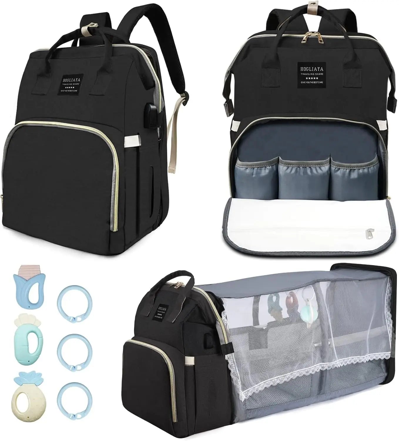 Diaper Bag Backpack with Changing Station, insulated pocket for bottles and bed for baby napping. Large Capacity