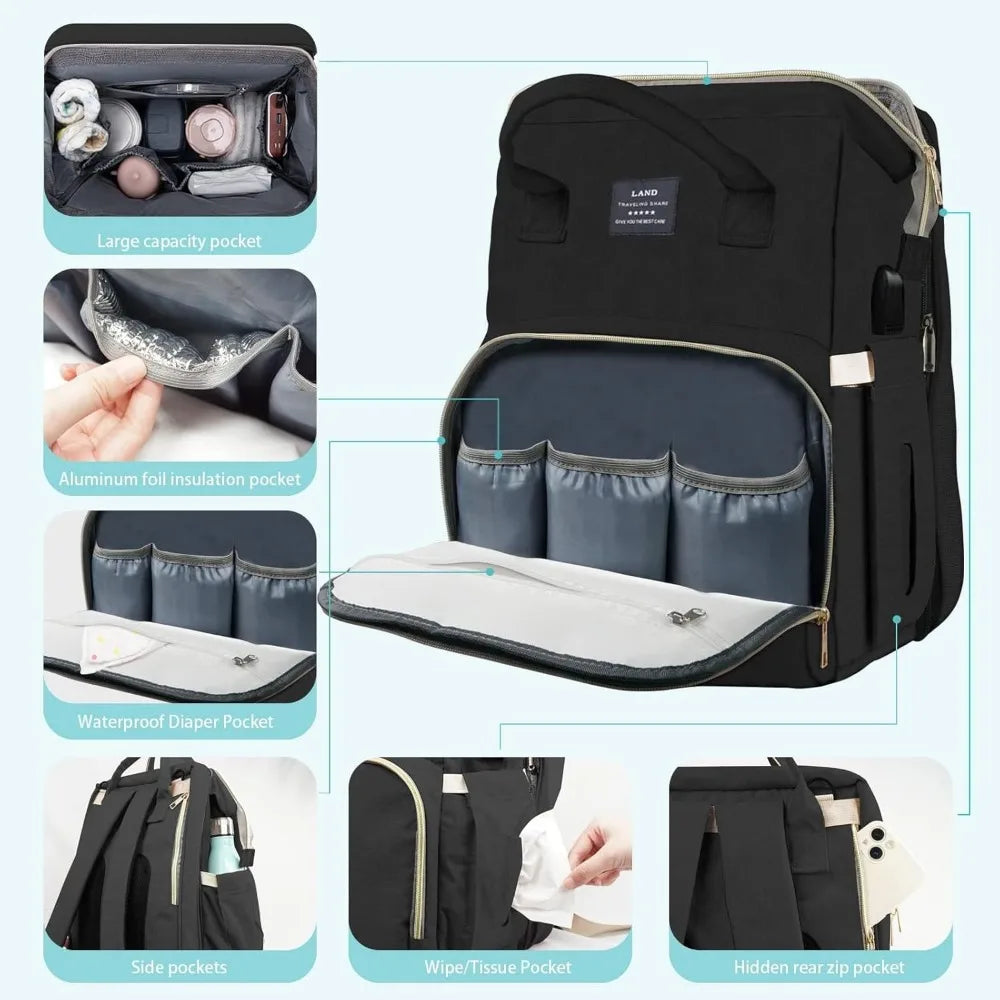 Diaper Bag Backpack with Changing Station, insulated pocket for bottles and bed for baby napping. Large Capacity