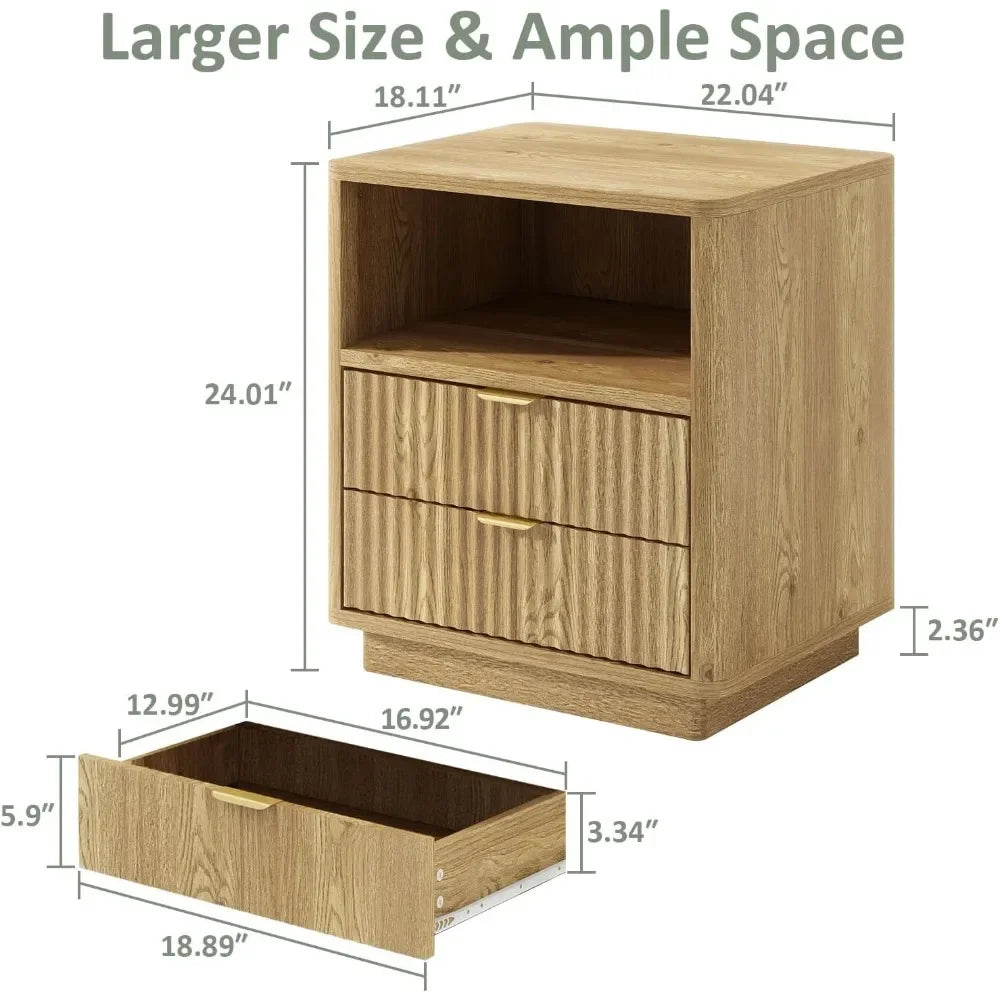 Fluted Nightstands Set of 2, Wooden Bedside Table 2 Drawers and Open Shelves