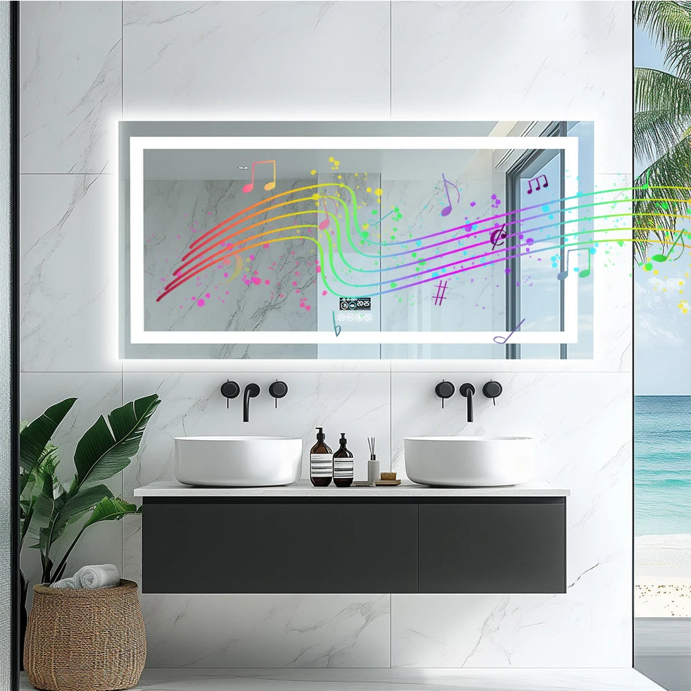 LED Lighted Bathroom Mirror with Bluetooth Speaker Smart LED Vanity Makeup Wall Mounted Mirrors 3 Lights Setting Anti-Fog RBG
