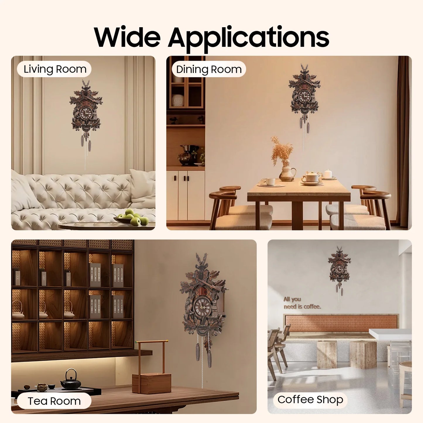 Wooden Cuckoo Clock with Pendulum and Automatic Bird Chiming for Living Room Kitchen Office Wall Decor Silent Quartz Movement