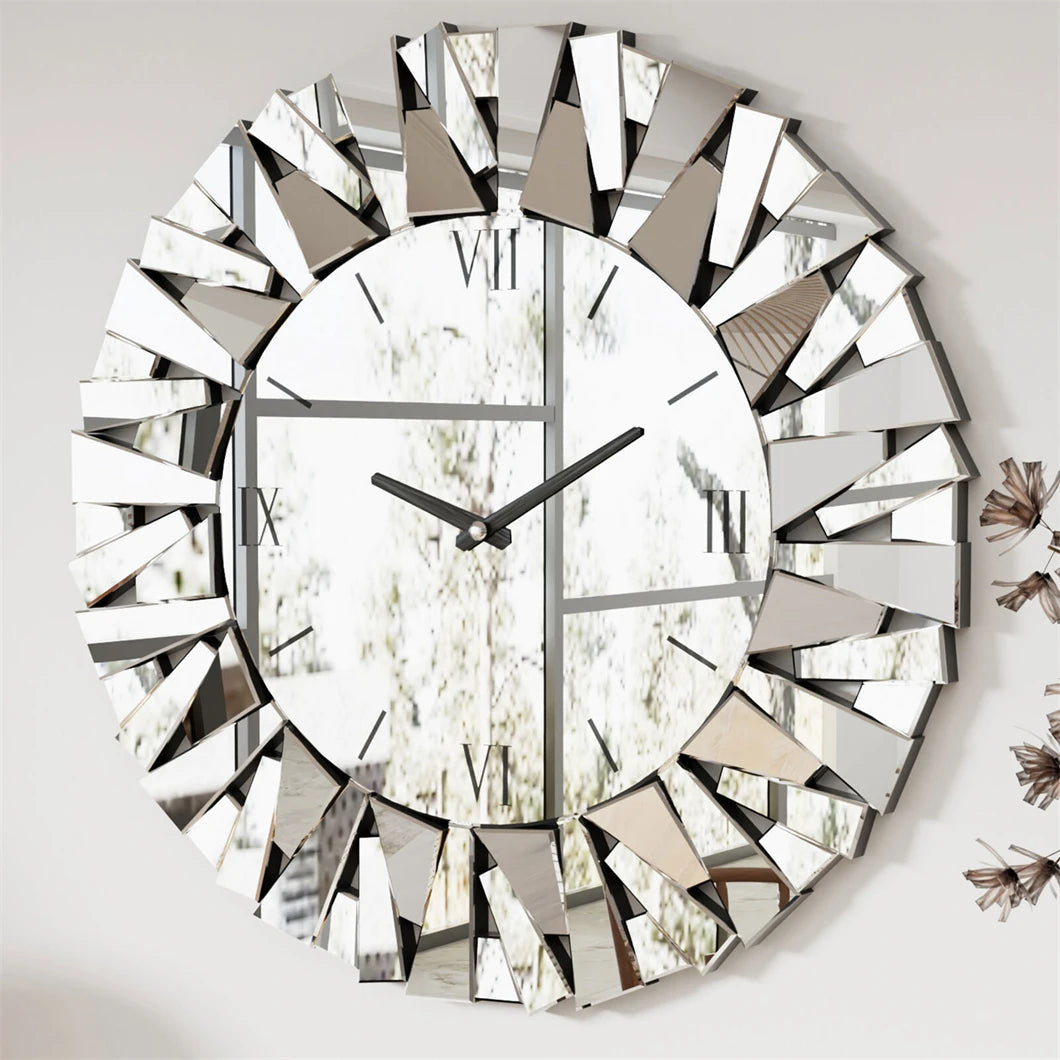 Large Mirrored Wall Clock 3D Sunburst pattern 32"/80CM Round Roman Numeral perfect for Living Room Dining Room Fireplace Decor