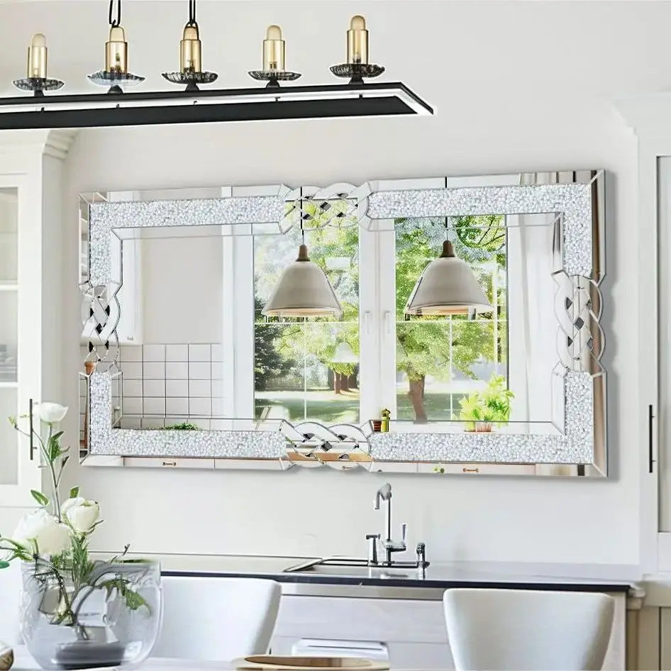 35/39/47 inch Large Crystal Crush Diamond Mirror Decorative Wall Mirror for Living Room Bedroom Hallway