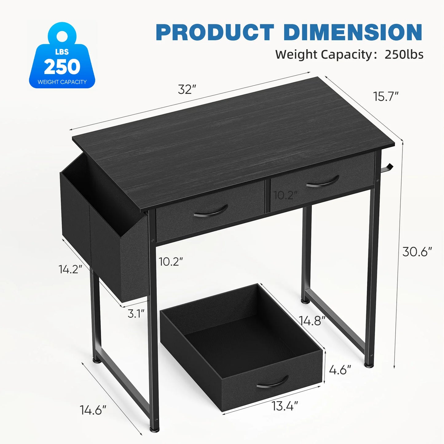 Modern 32 Inch Office Computer Desk with Fabric Storage Drawers and Side storage Bag Metal Frame Adjustable Feet For Home office or student PC Table