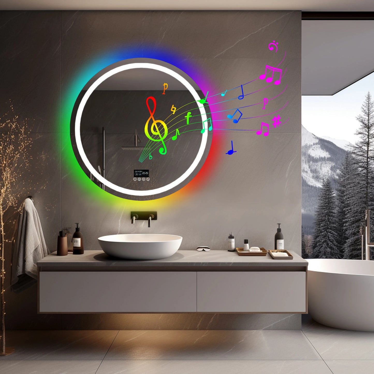 LED Lighted Bathroom Mirror with Bluetooth Speaker Smart LED Vanity Makeup Wall Mounted Mirrors 3 Lights Setting Anti-Fog RBG