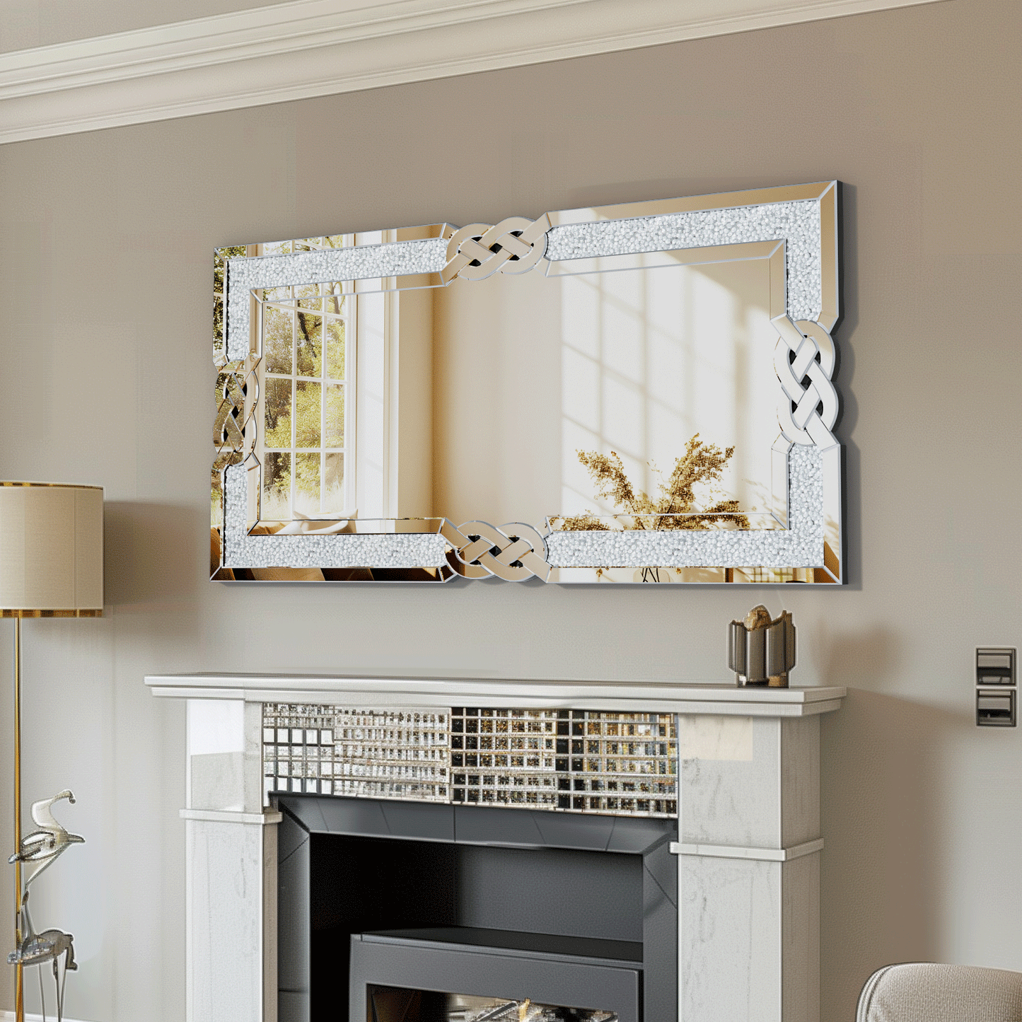 35/39/47 inch Large Crystal Crush Diamond Mirror Decorative Wall Mirror for Living Room Bedroom Hallway