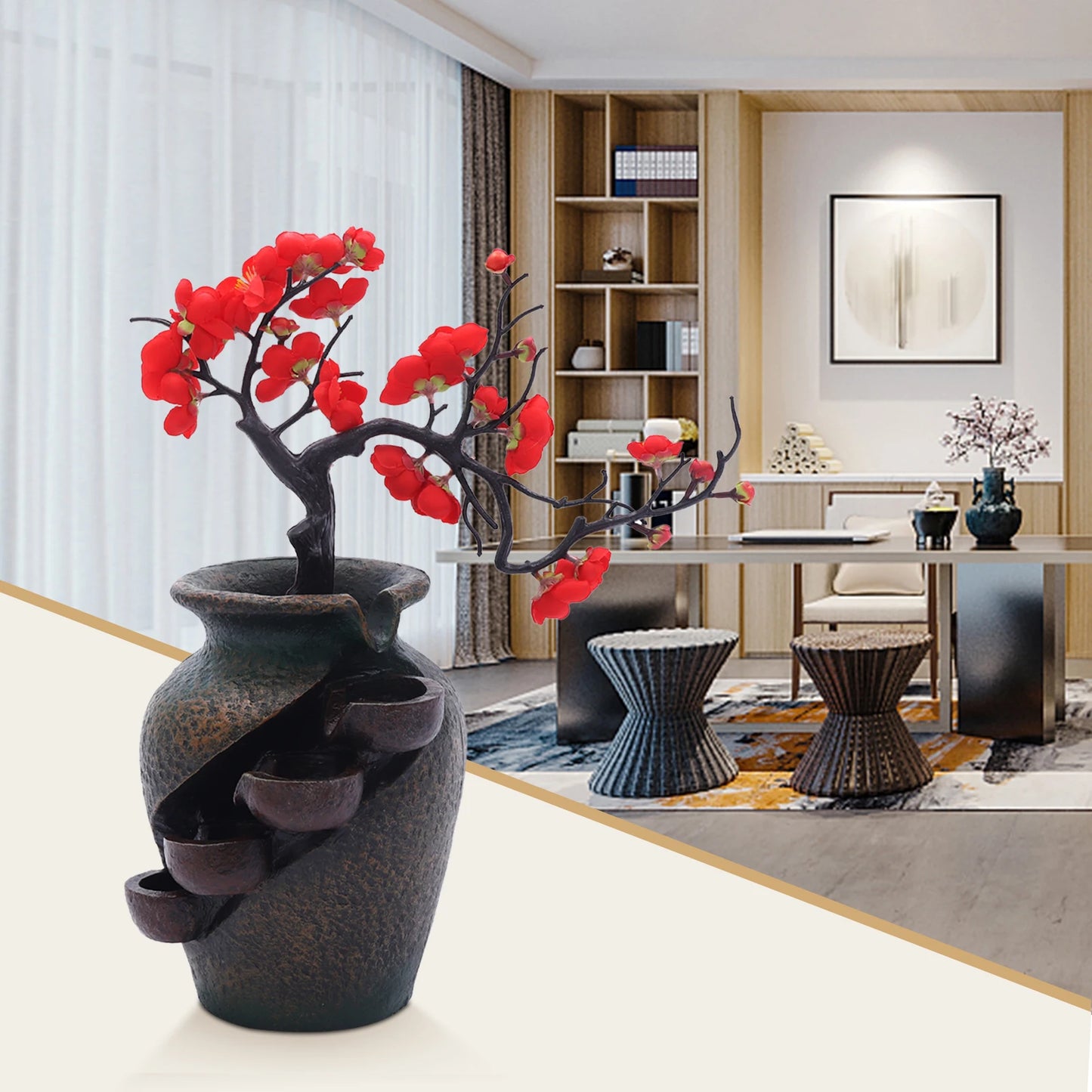 Tabletop Waterfall Vase Fountain with Simulated Tree Flowers for Living Rooms, Offices