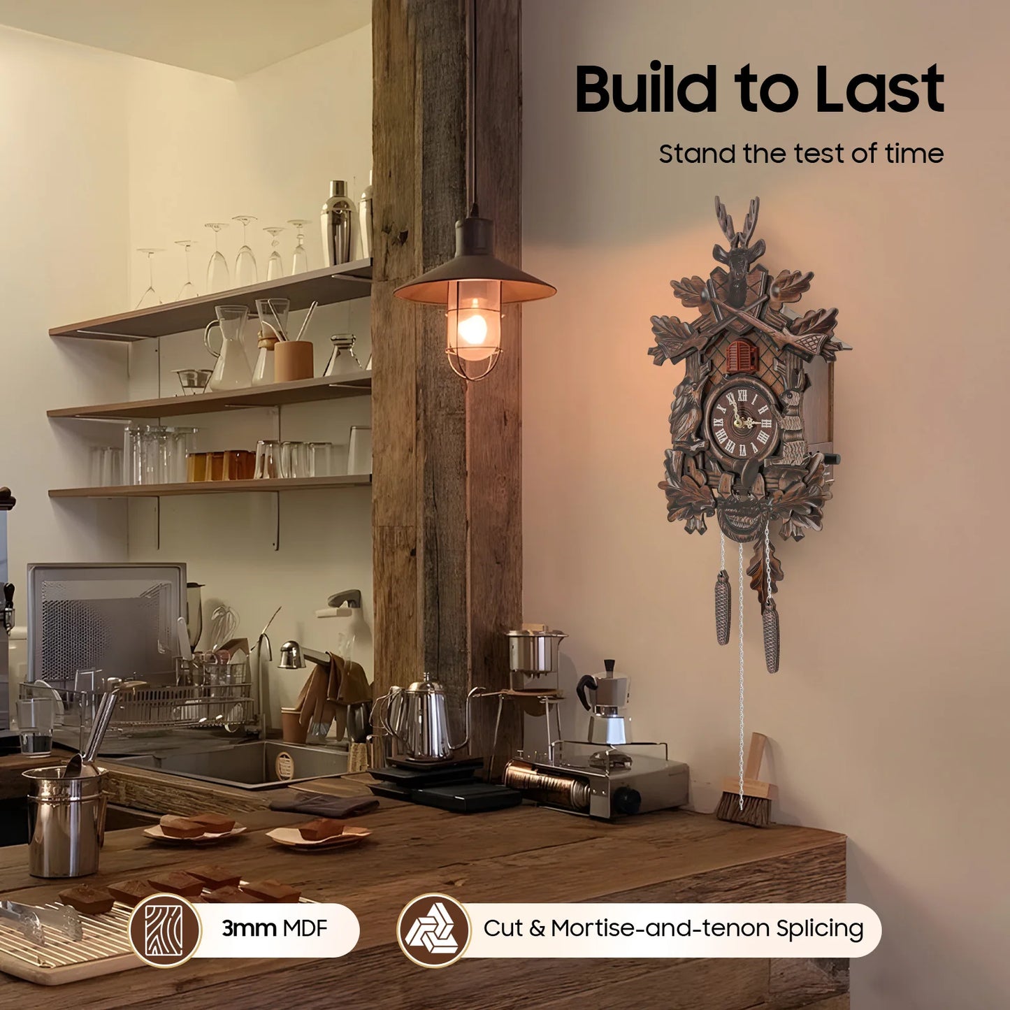Wooden Cuckoo Clock with Pendulum and Automatic Bird Chiming for Living Room Kitchen Office Wall Decor Silent Quartz Movement