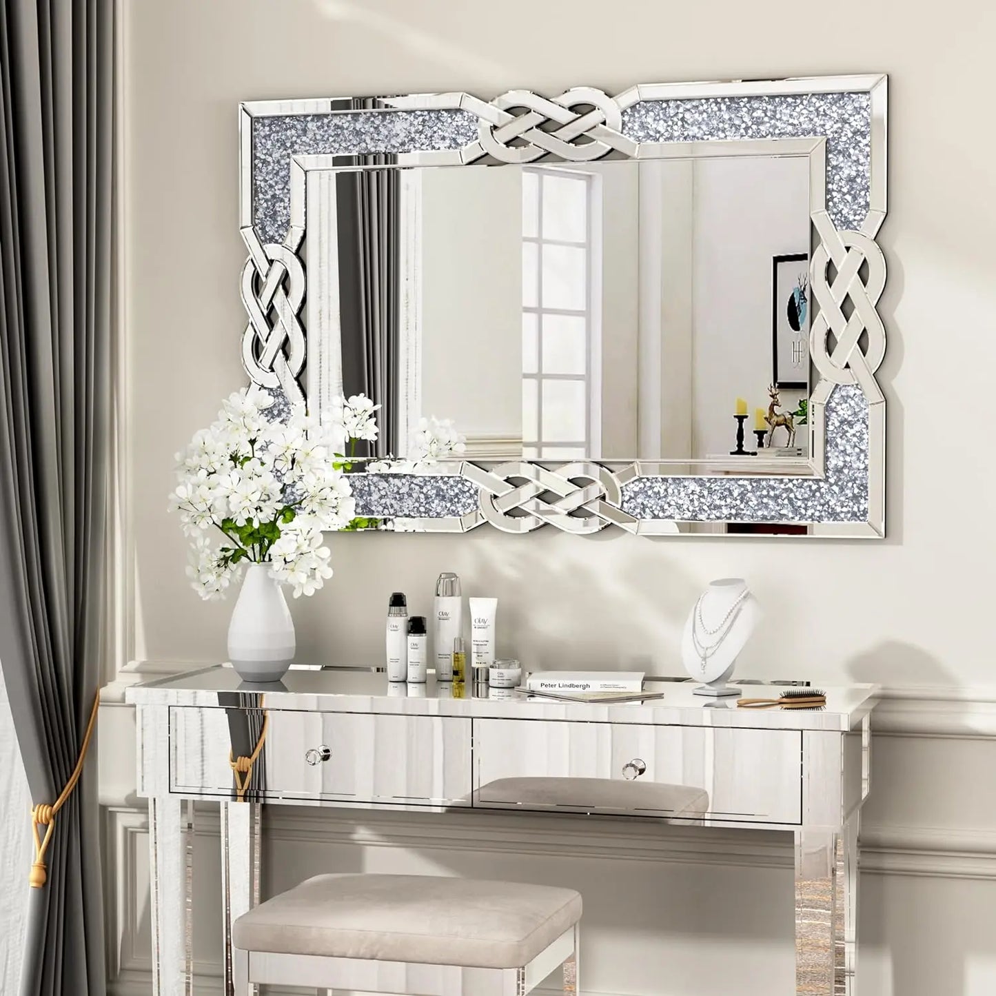 35/39/47 inch Large Crystal Crush Diamond Mirror Decorative Wall Mirror for Living Room Bedroom Hallway