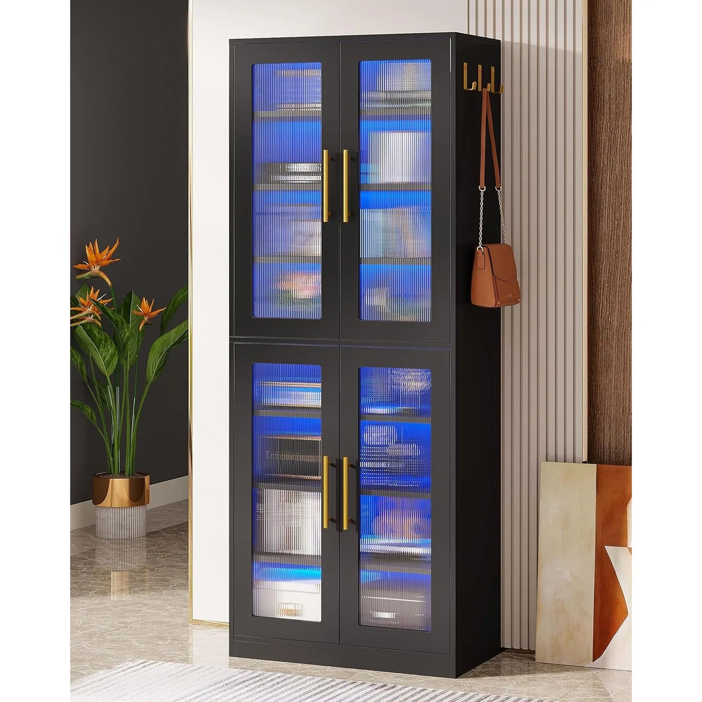67-inch Tall 8-Tier Bookcase with Doors and LED Light