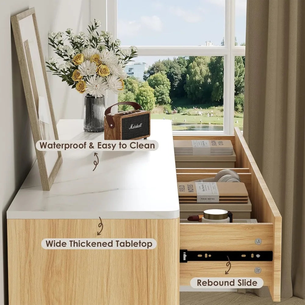 Fluted 6 Drawers Wooden Dresser for Bedroom, 52" Wide with Faux Marble Top