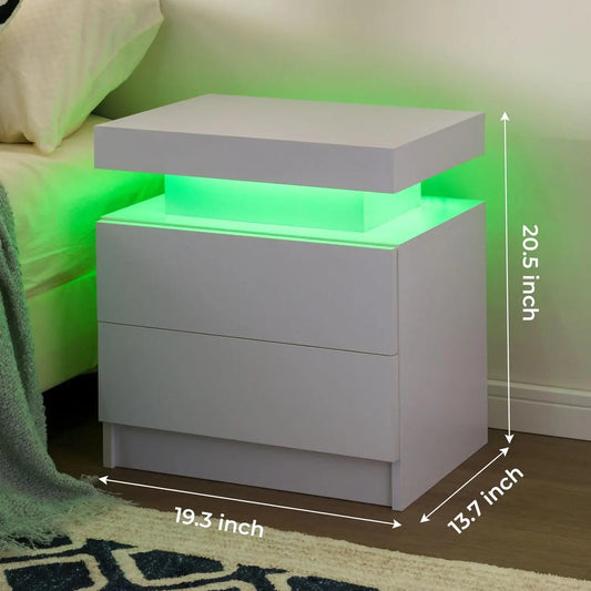 Set of 2 Nightstands with 2 Drawers and LED Light White. The built-in RGB LED strip light system has multi-color lights, 29 dynamic light modes, a music sync mode, and a timer. The light brightness also can be adjusted.