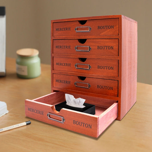 5-Drawer Vintage Wooden Desk Organizer, Storage for Office Supplies, Ideal for Home Office, Study Room