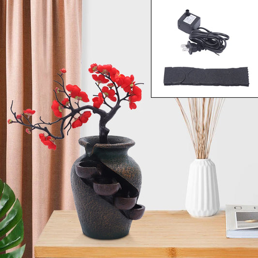 Tabletop Waterfall Vase Fountain with Simulated Tree Flowers for Living Rooms, Offices