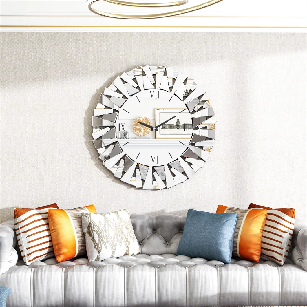 Large Mirrored Wall Clock 3D Sunburst pattern 32"/80CM Round Roman Numeral perfect for Living Room Dining Room Fireplace Decor
