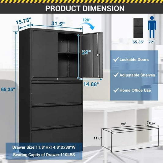 Large Steel 3 Drawer Lateral Hanging File Cabinet with Lockable Drawers and Doors for Home Office