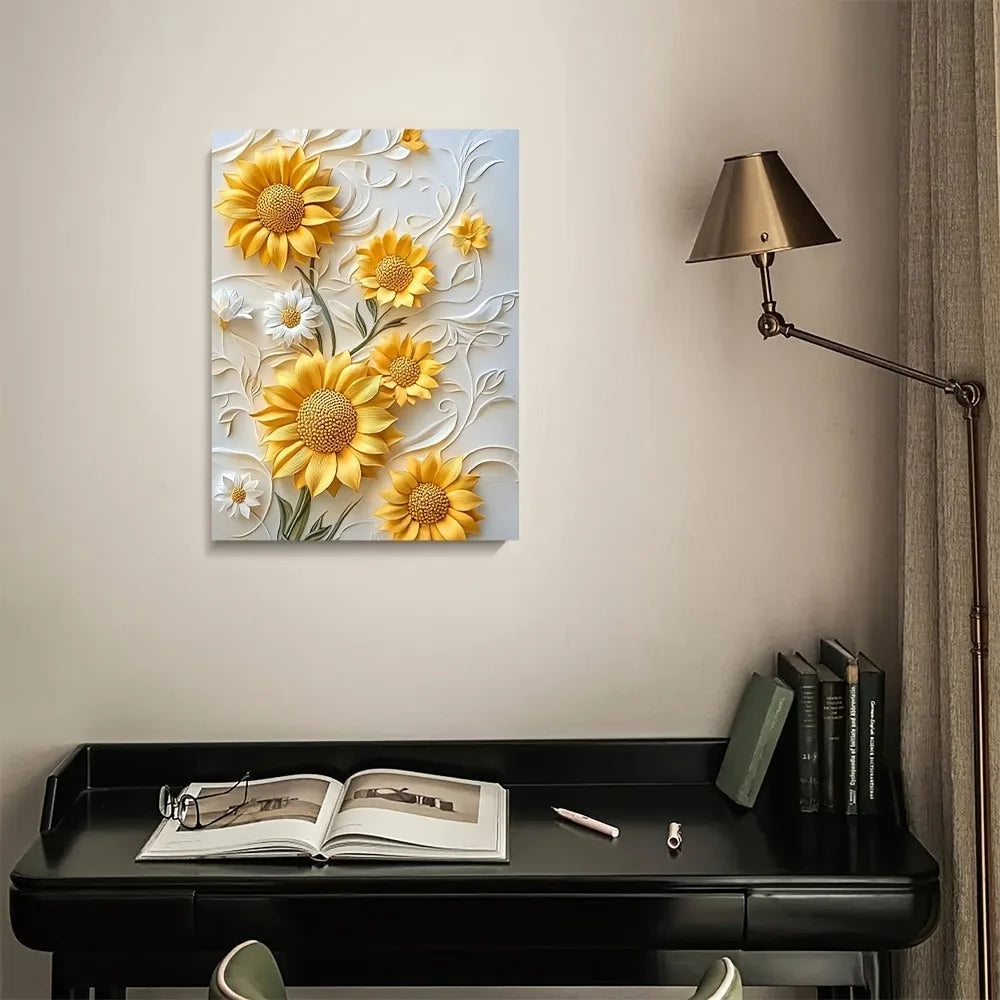 Vivid yellow 3D relief sunflower canvas art with wood frame