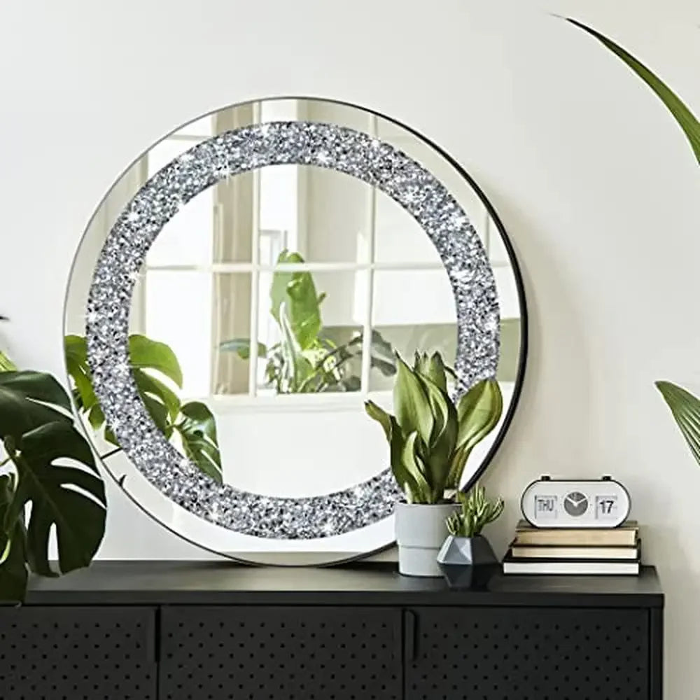 Luxury Crystal Crush Diamond Round Silver Mirror 20x20x1 inch