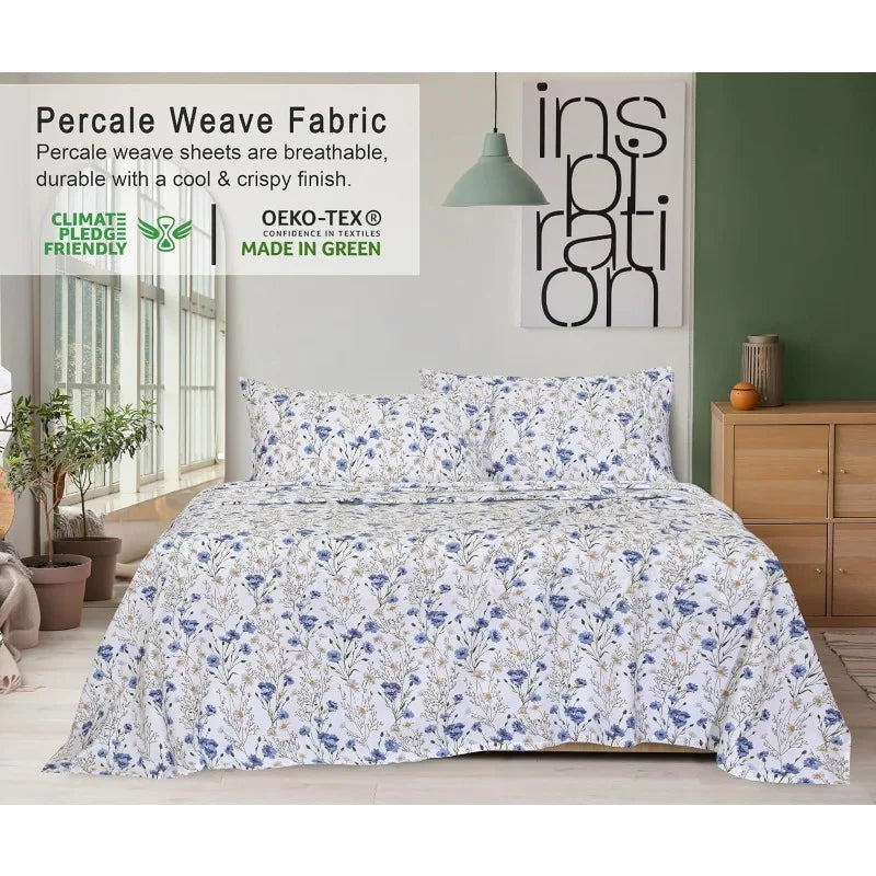 100% Percale Cotton Sheets Queen Size Set, 4 Pieces