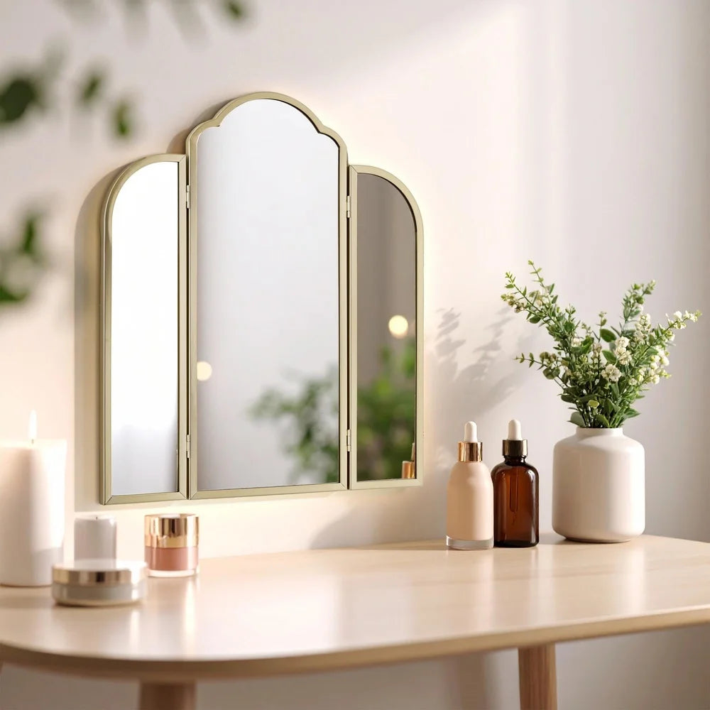 Trifold Adjustable Gold Vanity Mirror by Drew Barrymore. Large Arched Wall Mirror for Bathroom, Bedroom Makeup Dresser