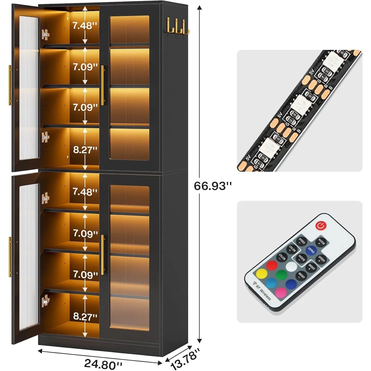 67-inch Tall 8-Tier Bookcase with Doors and LED Light