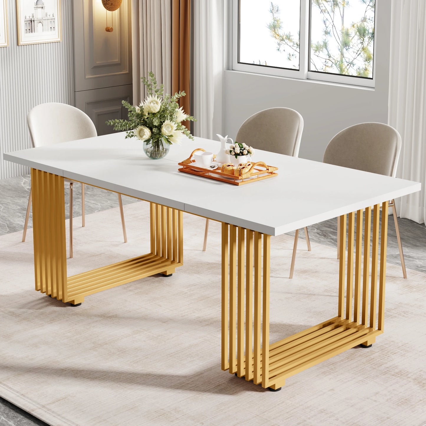 63-Inch Rectangular Table with Faux Marble Table Top