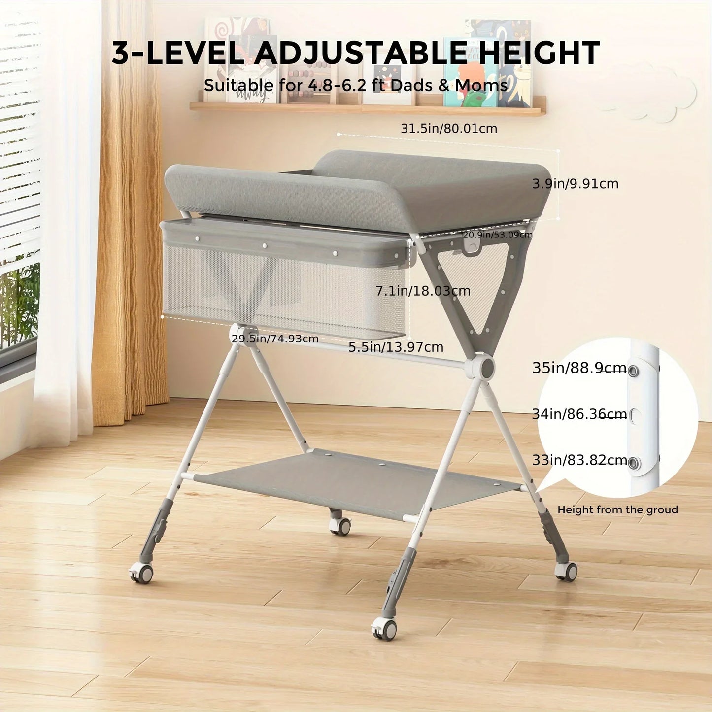 Foldable Baby Changing Table with Wheels, towel rack baby measure scale