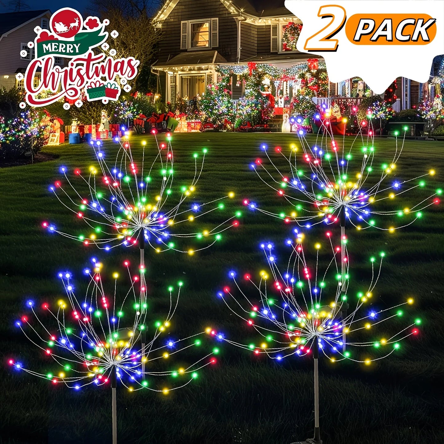 Outdoor Solar Garden LED Lights 2 Pack 120/150 Lights Fireworks Lamp 8 Modes Lawn Decor