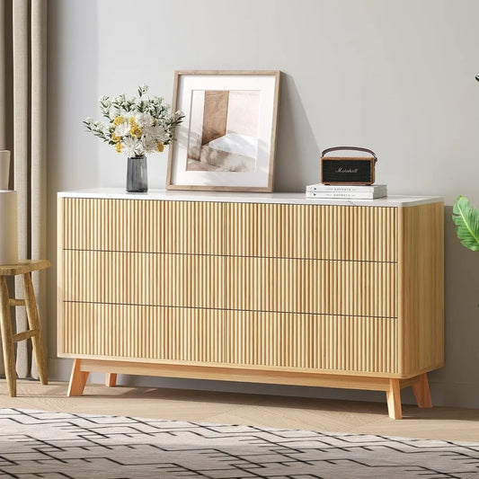 Fluted 6 Drawers Wooden Dresser for Bedroom, 52" Wide with Faux Marble Top