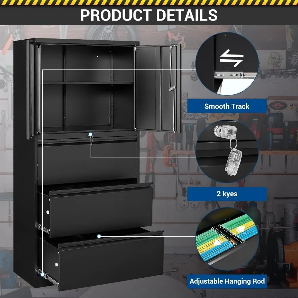 Large Steel 3 Drawer Lateral Hanging File Cabinet with Lockable Drawers and Doors for Home Office