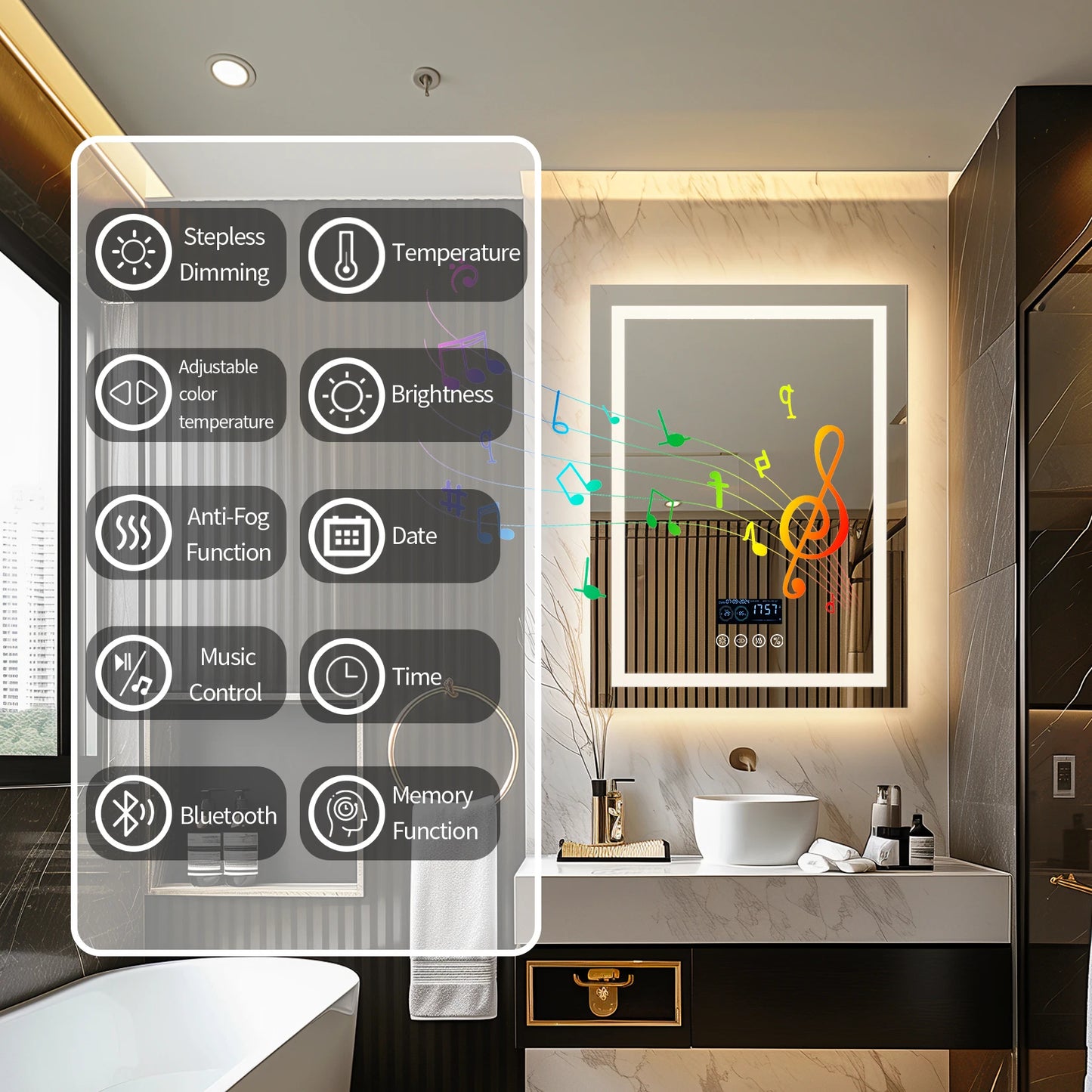 LED Lighted Bathroom Mirror with Bluetooth Speaker Smart LED Vanity Makeup Wall Mounted Mirrors 3 Lights Setting Anti-Fog RBG