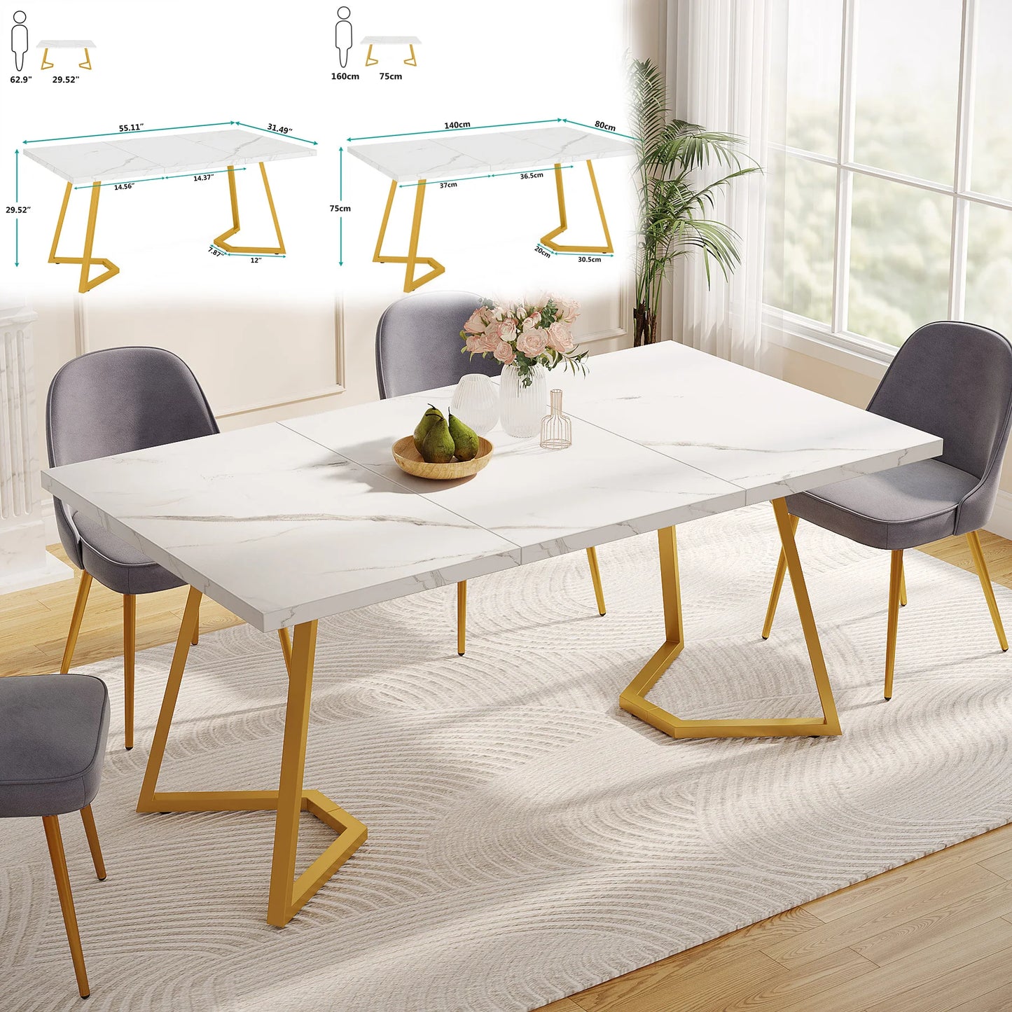 63-Inch Rectangular Table with Faux Marble Table Top