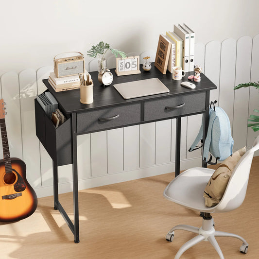 Modern 32 Inch Office Computer Desk with Fabric Storage Drawers and Side storage Bag Metal Frame Adjustable Feet For Home office or student PC Table