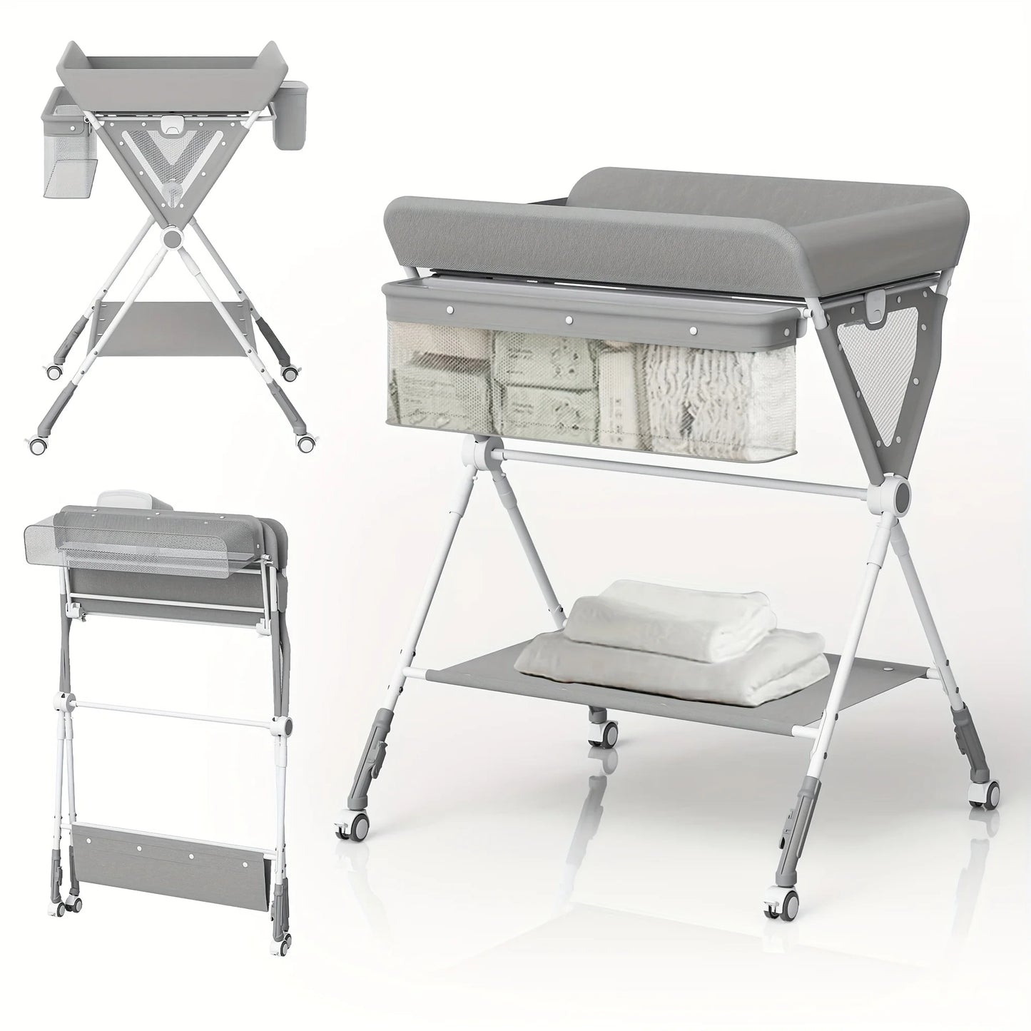 Foldable Baby Changing Table with Wheels, towel rack baby measure scale