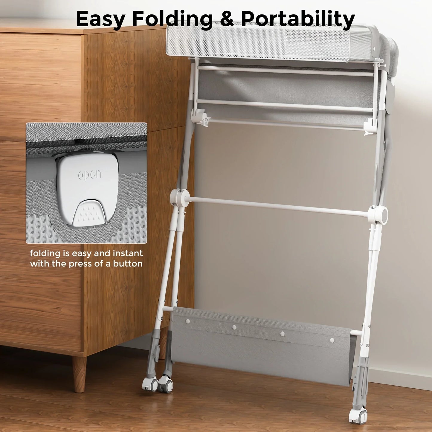 Foldable Baby Changing Table with Wheels, towel rack baby measure scale