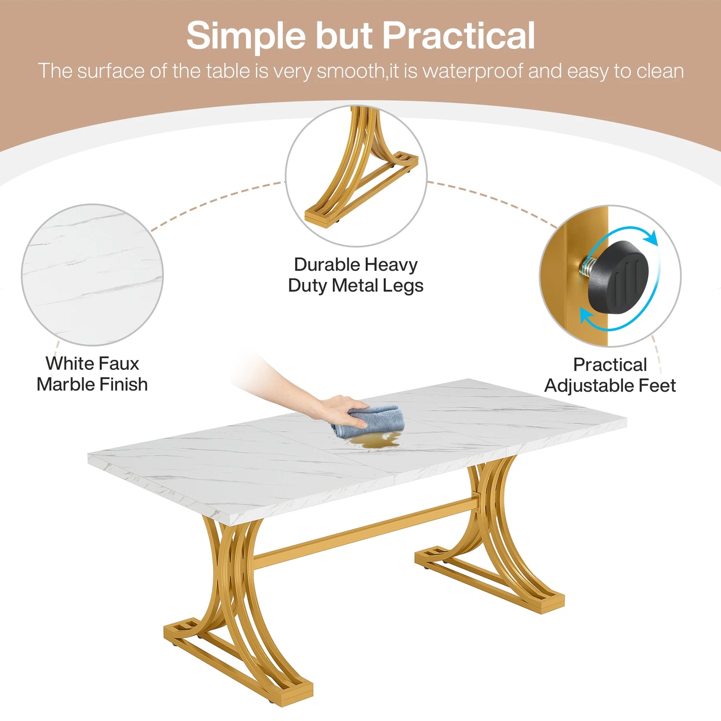 63-Inch Rectangular Table with Faux Marble Table Top