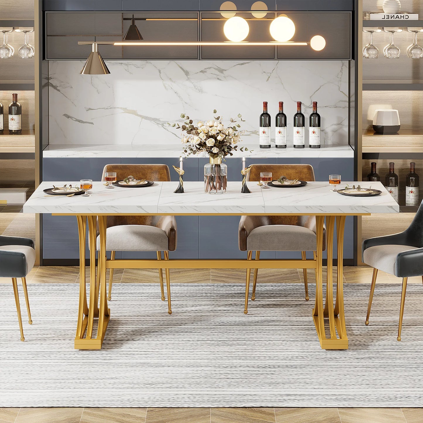 63-Inch Rectangular Table with Faux Marble Table Top