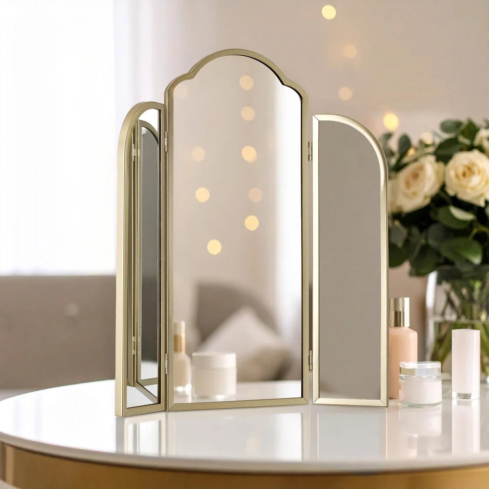 Trifold Adjustable Gold Vanity Mirror by Drew Barrymore. Large Arched Wall Mirror for Bathroom, Bedroom Makeup Dresser