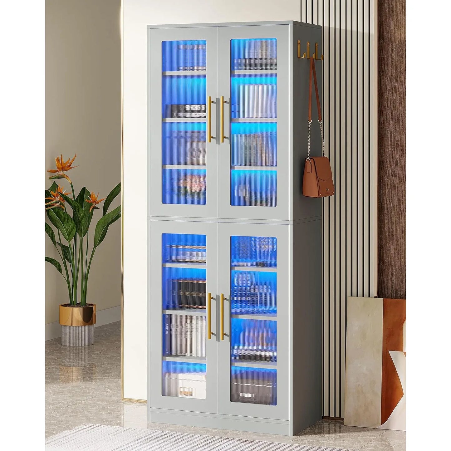 67-inch Tall 8-Tier Bookcase with Doors and LED Light