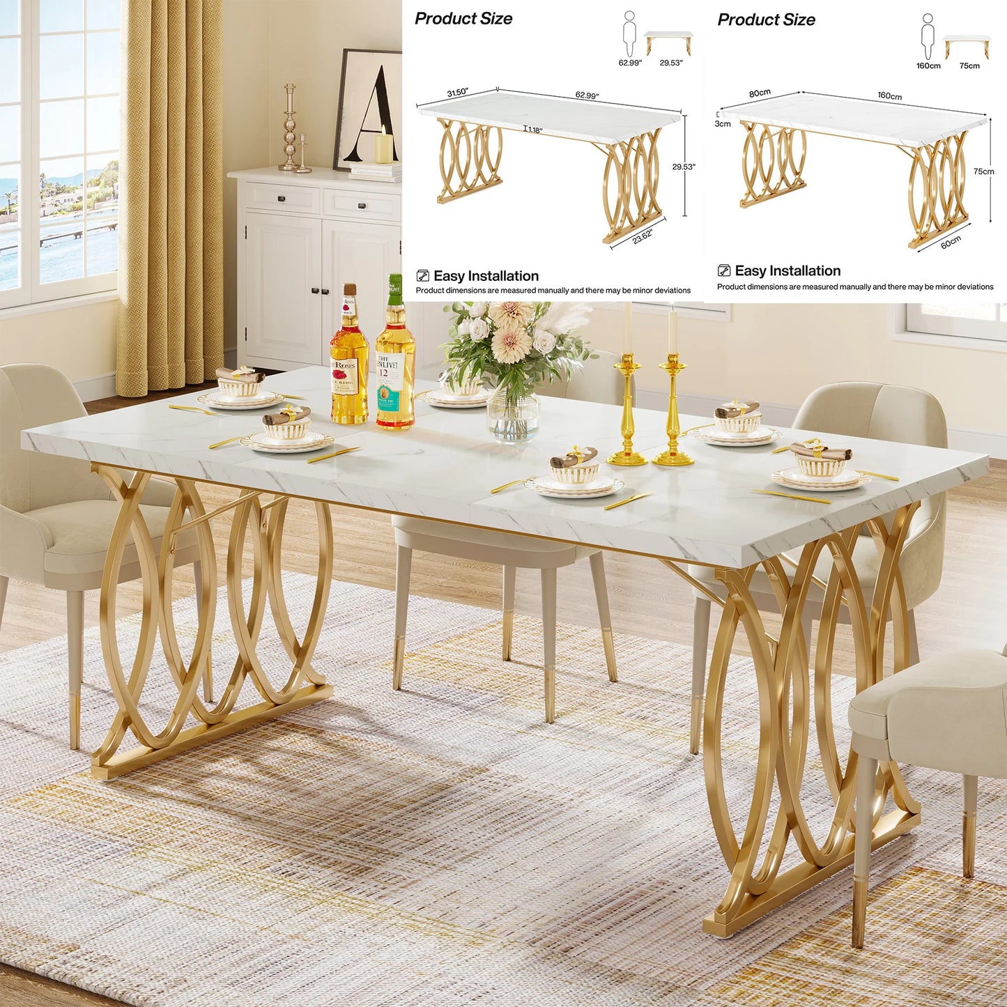 63-Inch Rectangular Table with Faux Marble Table Top