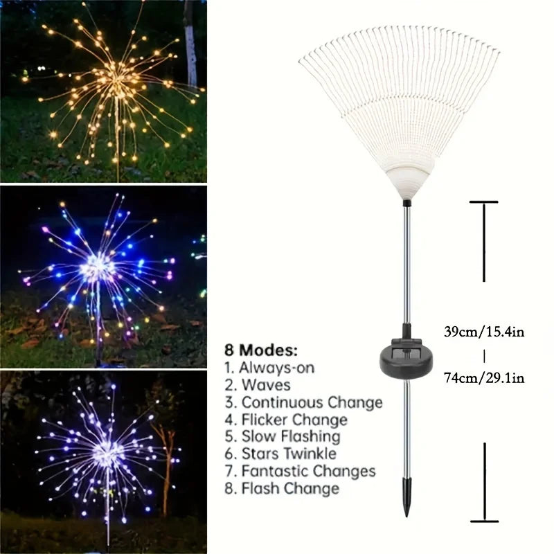 Outdoor Solar Garden LED Lights 2 Pack 120/150 Lights Fireworks Lamp 8 Modes Lawn Decor