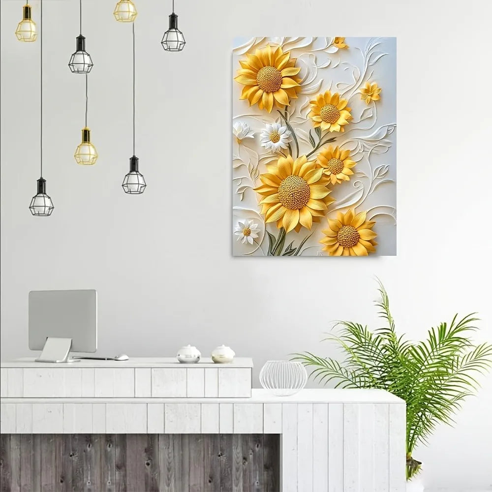 Vivid yellow 3D relief sunflower canvas art with wood frame