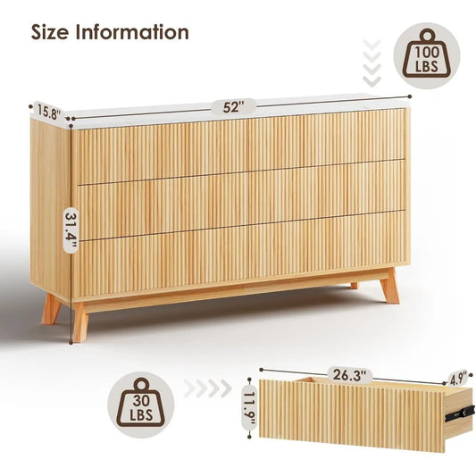 Fluted 6 Drawers Wooden Dresser for Bedroom, 52" Wide with Faux Marble Top