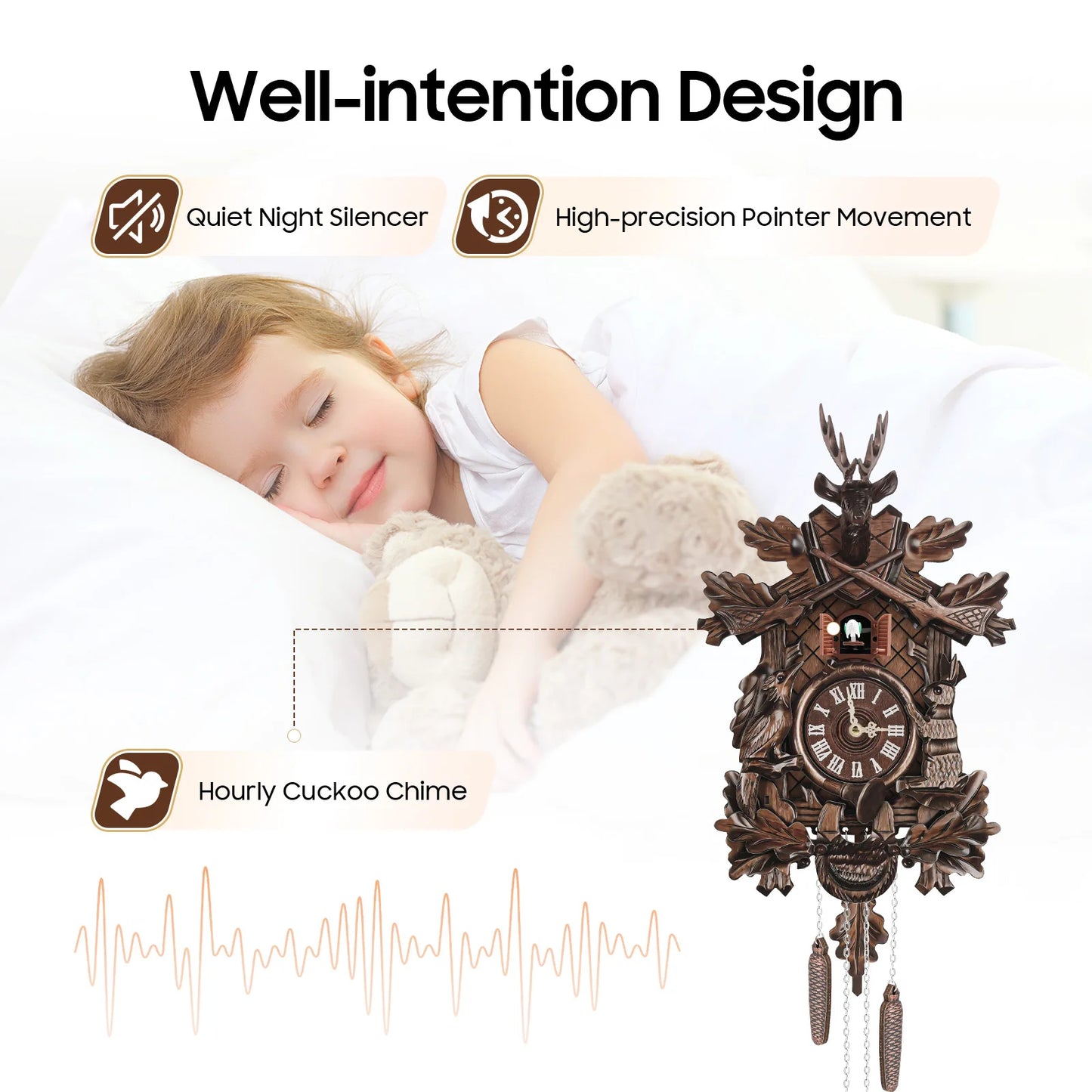 Wooden Cuckoo Clock with Pendulum and Automatic Bird Chiming for Living Room Kitchen Office Wall Decor Silent Quartz Movement