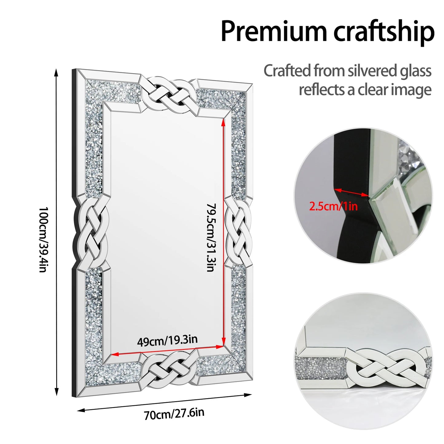 35/39/47 inch Large Crystal Crush Diamond Mirror Decorative Wall Mirror for Living Room Bedroom Hallway