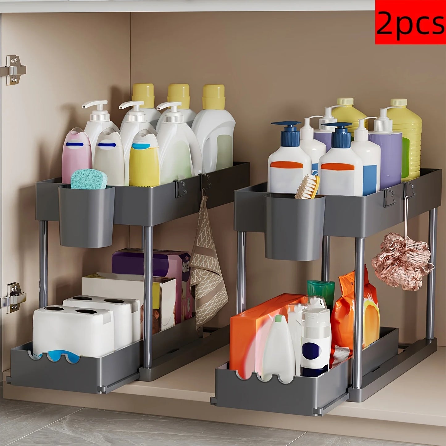 2Pcs 2-Tier Sliding Cabinet Organizer for Kitchen and Bathroom Storage