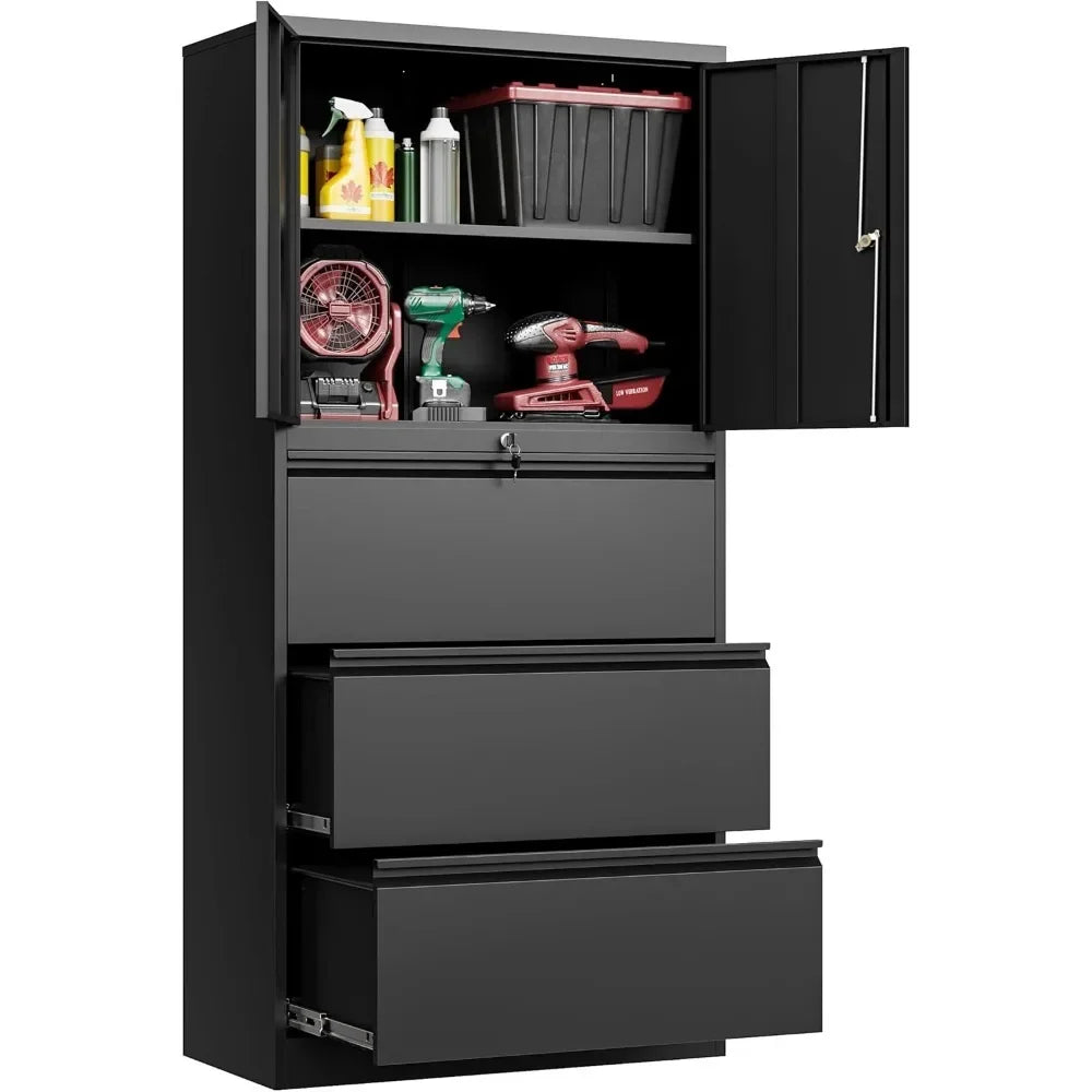Large Steel 3 Drawer Lateral Hanging File Cabinet with Lockable Drawers and Doors for Home Office